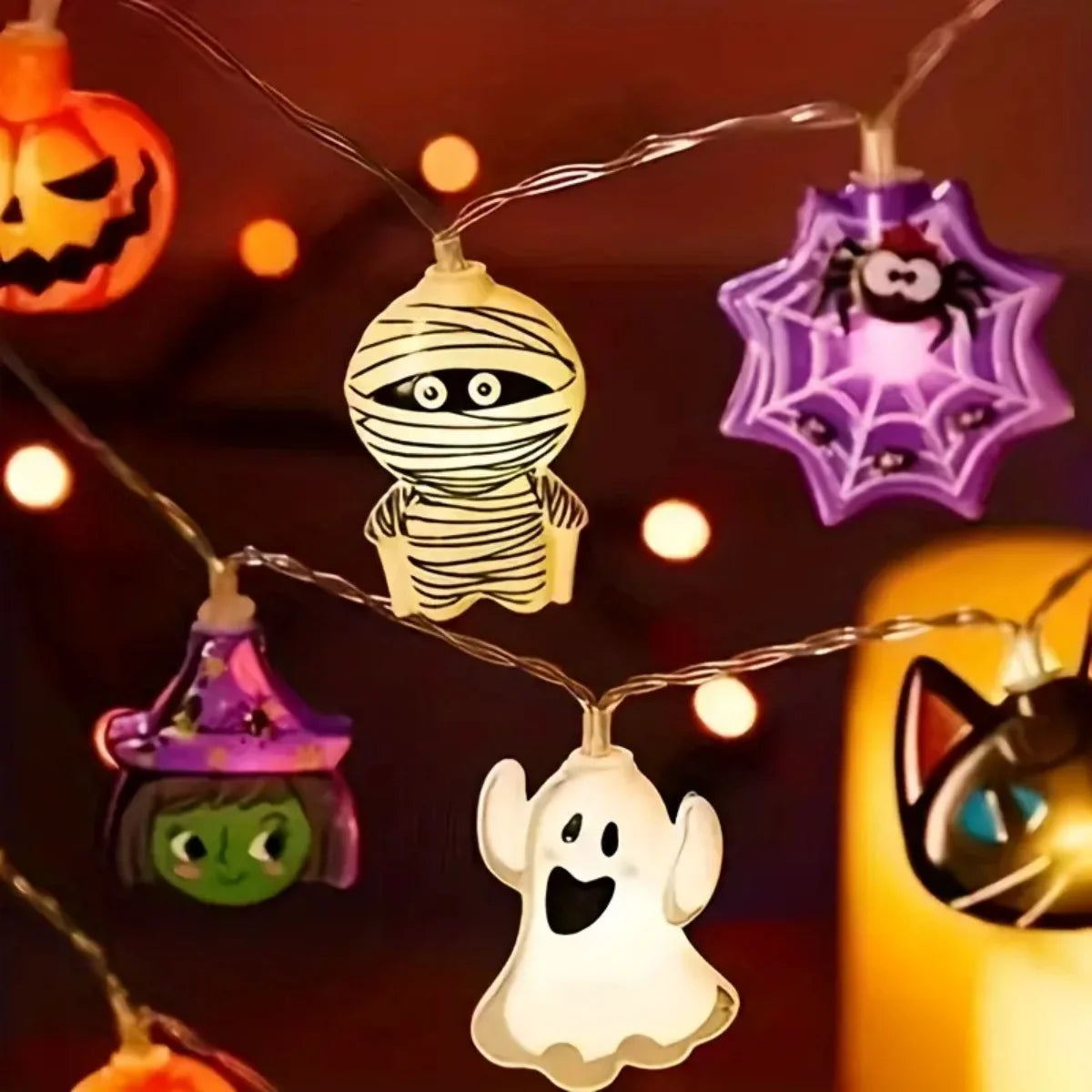 1PC Halloween 10/20 LED Battery Powered String Lights with Ghost Witch Cat Pumpkin Spider Web Skeleton Mummy Pirate Shape Indoor