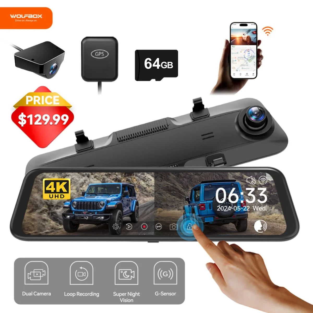 Dash Cam, Dashcam 4K in Wifi& GPS, 12'' 4K+1080P Rear View Mirror Dash Cameras with Super Night Vision, See the License Plate Clearly, Free 64GB Card