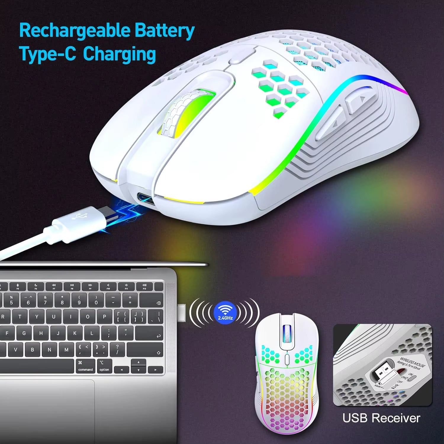 2.4G USB and Type-C Wireless Gaming Mouse RGB Backlight Rechargeable Adjustable DPI Ergonomic Mice for PC Laptop Mac Android
