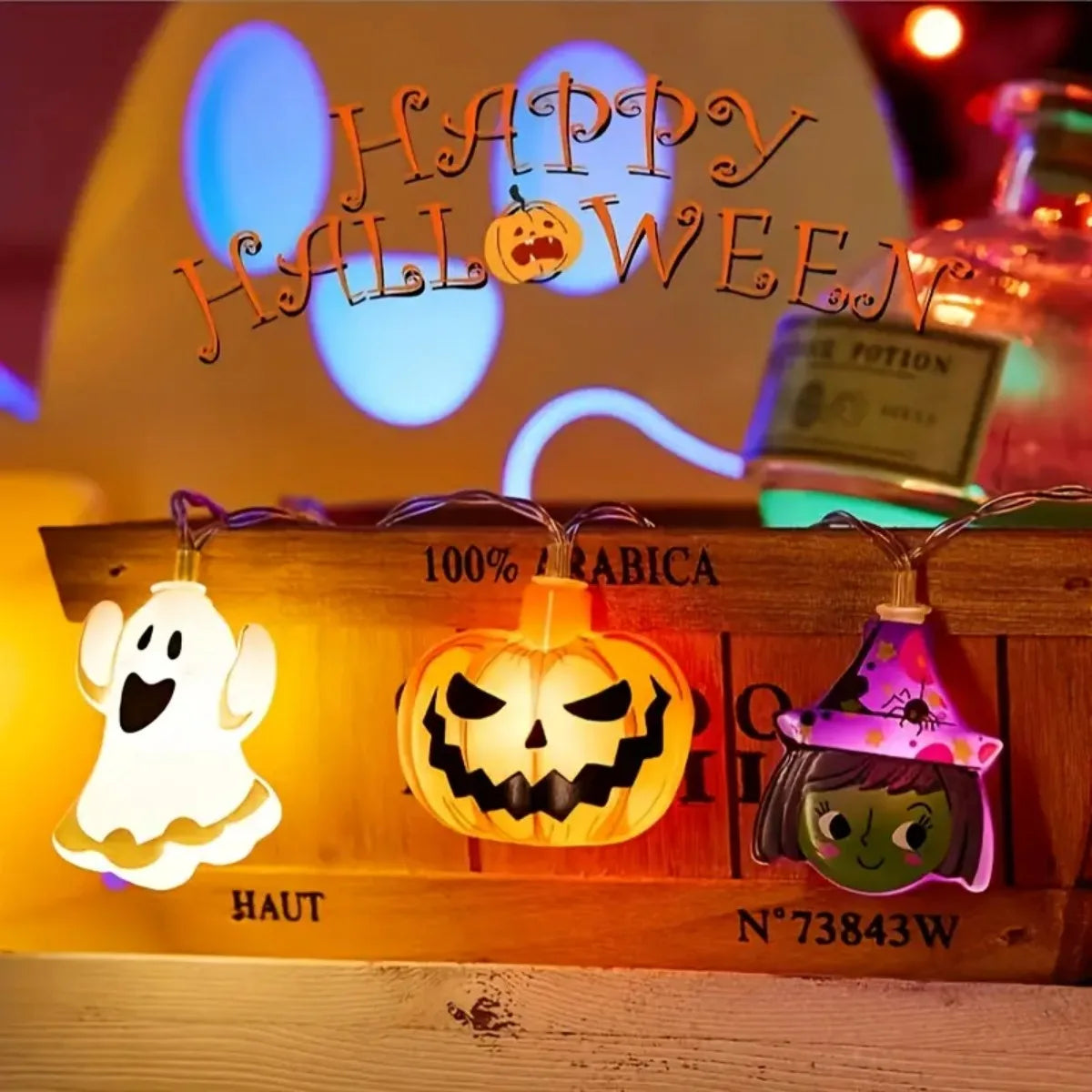 1PC Halloween 10/20 LED Battery Powered String Lights with Ghost Witch Cat Pumpkin Spider Web Skeleton Mummy Pirate Shape Indoor